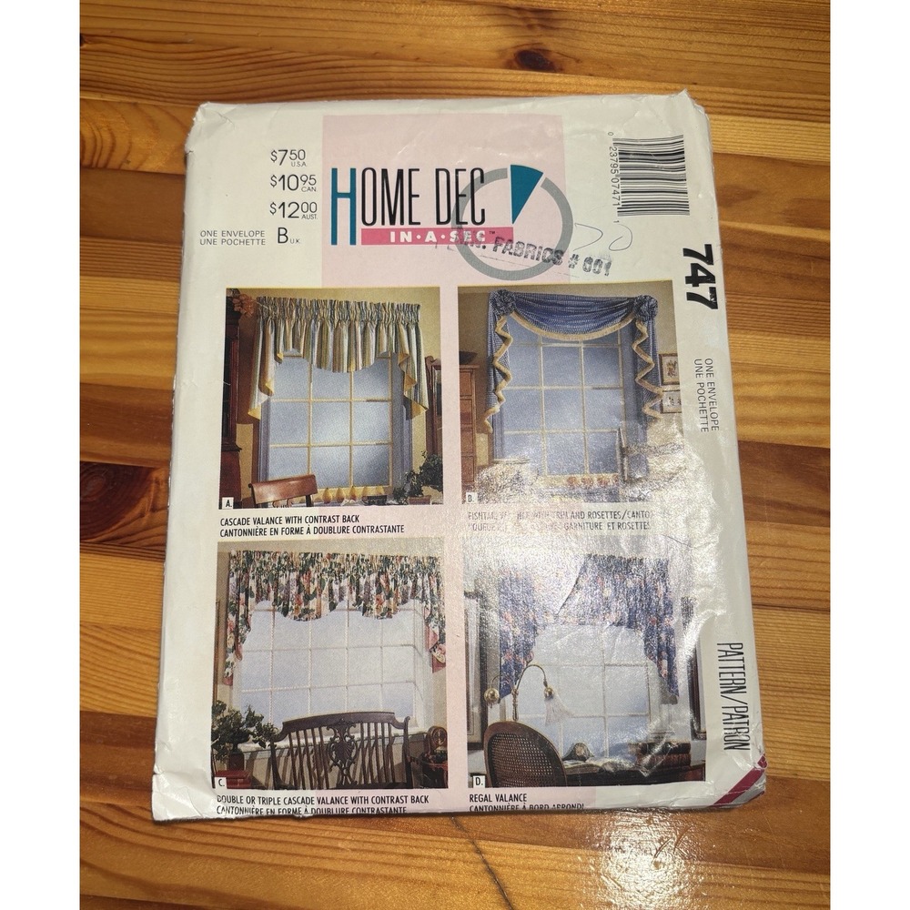 Vintage 90's McCall's 747 Sewing Pattern Home Dec In-A-Sec Window Valances Uncut